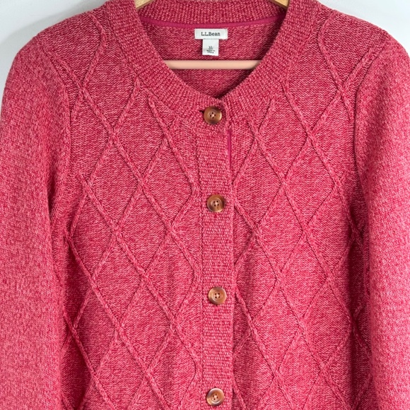 LL Bean Cable Knit Cardigan Sweater XL Pink Button Up Granny Fisherman Cottage - Picture 2 of 11
